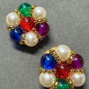 Vintage-Inspired Multicolor Bead Cluster Earrings - Pearl & Gold Accents